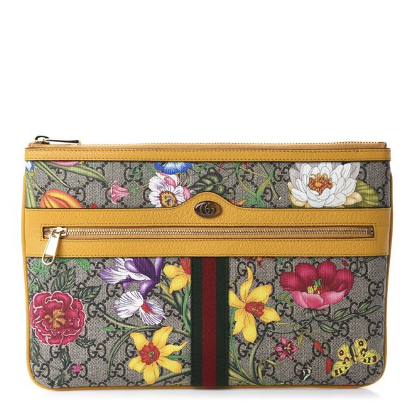 Gucci GG Supreme Flora Ophidia Medium Pouch Yellow - Picture 1 of 8